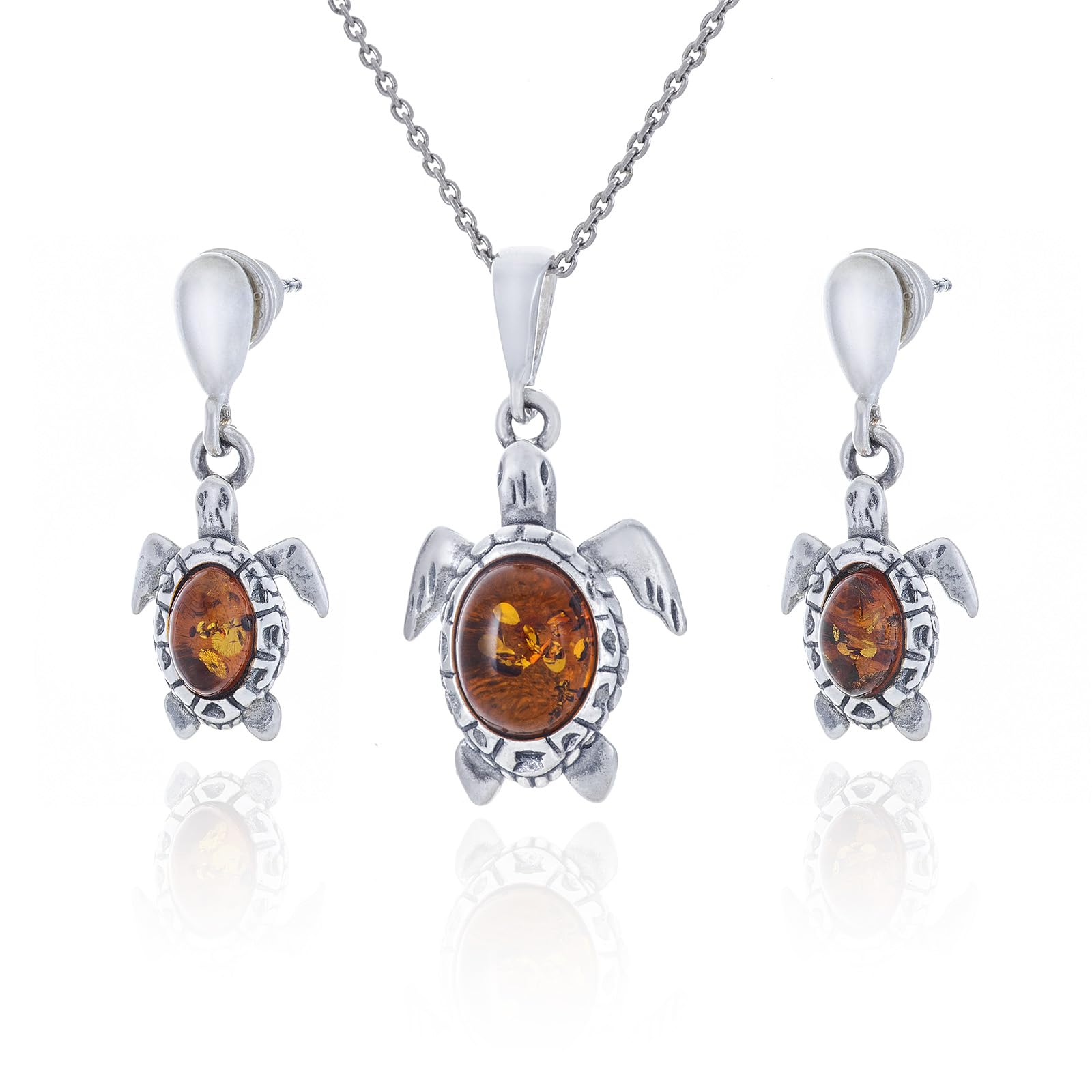 Conjunto de joyas de plata de ley con ámbar báltico coñac collar y pendientes de tortuga 8