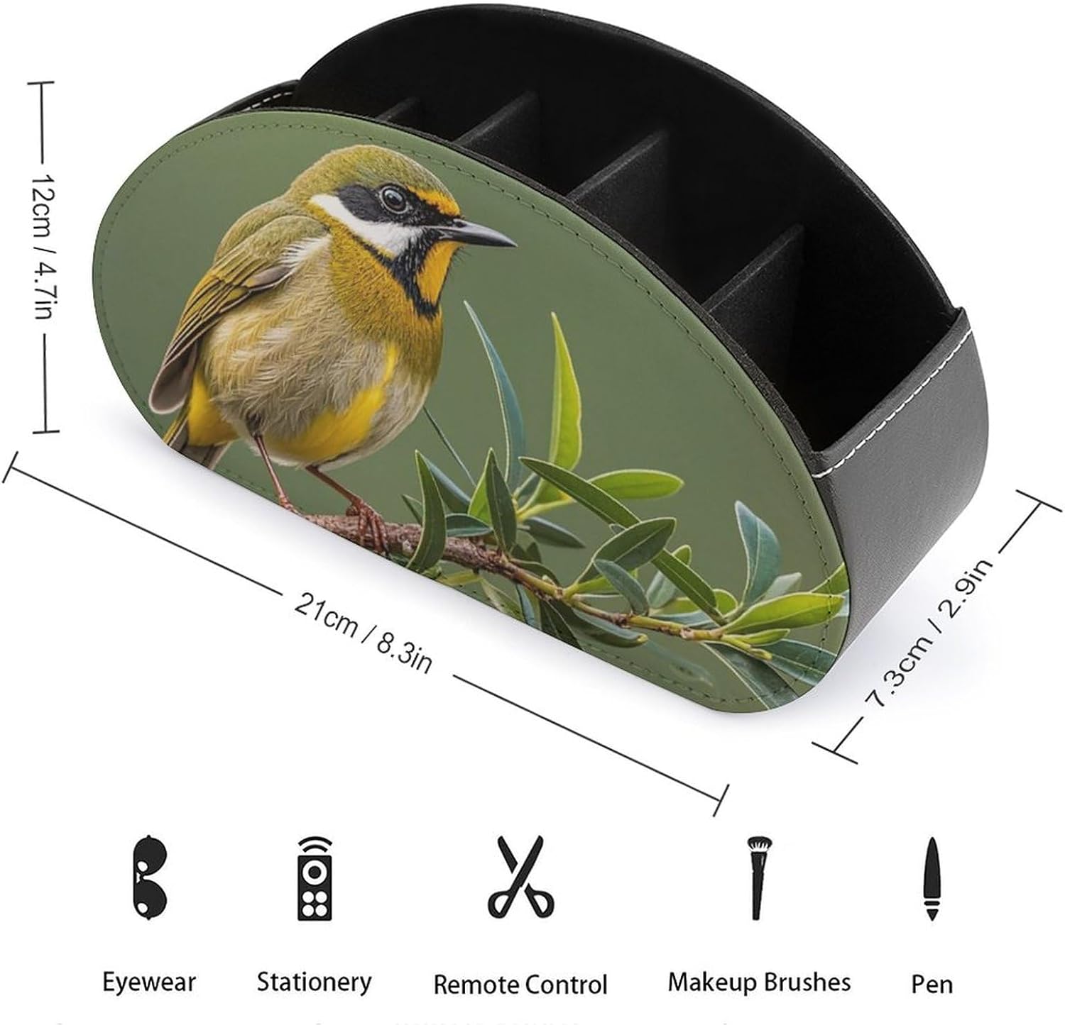 Leather Remote Control Holder with 5 Compartments Outdoor Olive Green Flowering Birds TV Remote Caddy Desktop Organizer Makeup Brush Holder Office Storage Box for DVD Nightstand Desk image 2