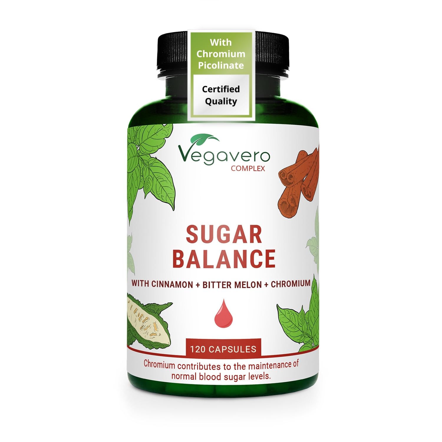 Vegavero Blood Sugar Control | 4 Months Supply - 120 Capsules| Chromium Picolinate + Ceylon Cinnamon Extract + Gymnema Sylvestre Extract | Blood Glucose Metabolism* | Vegan