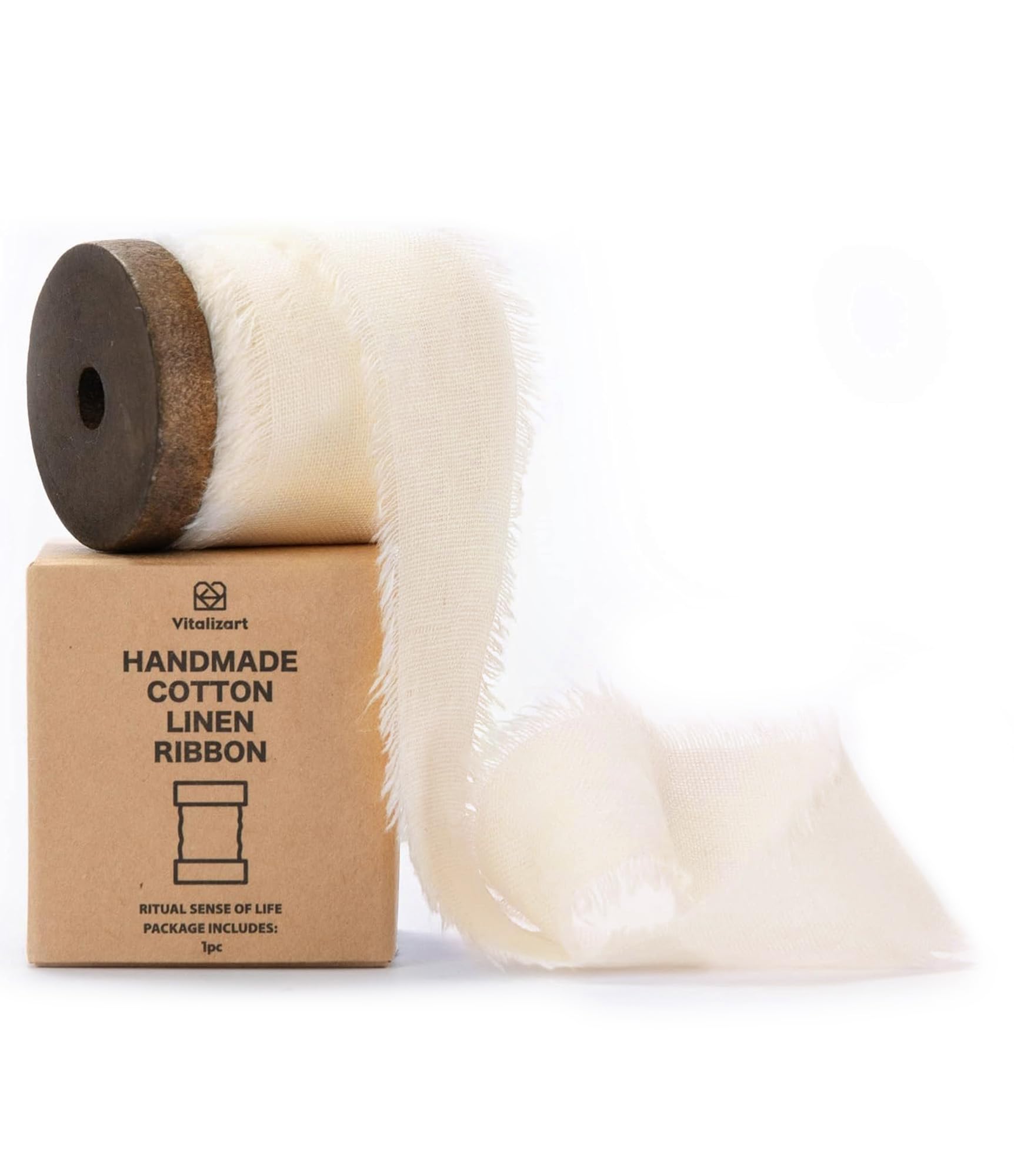 Vitalizart White Cotton Linen Ribbon with Spool 1.5" x 5Yd Handmade Fringe Frayed Fabric Cloth for Wedding Invitations, Bridal Bouquets, Gift Wrapping