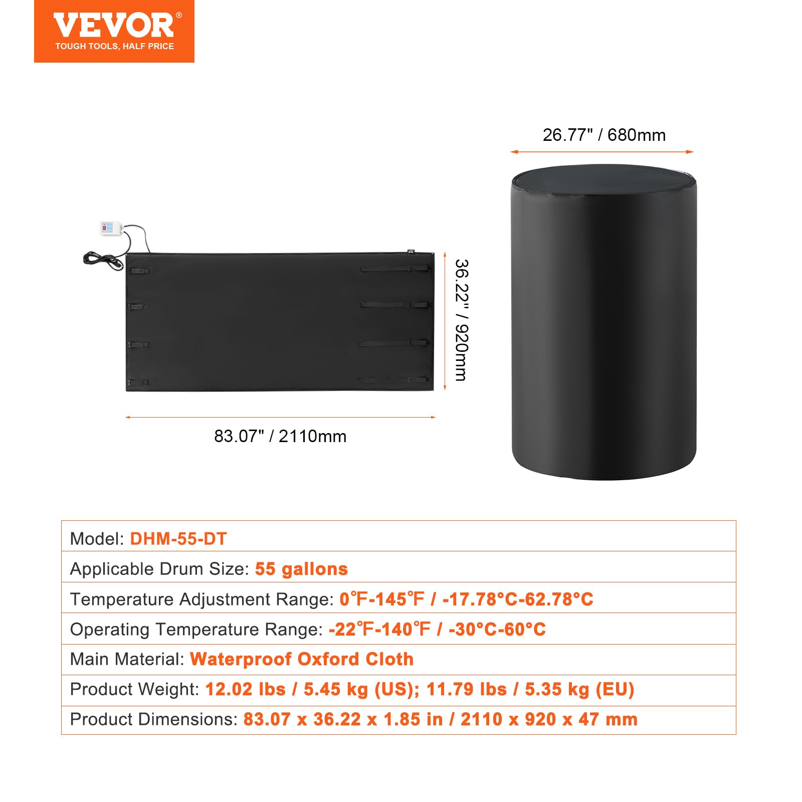 VEVOR Calentador de Tambor 1300 W Cinturón Calefactor para Tambor de 55 galones -17,78~62,78 °C con Termostato Independiente Manta Calefactora Alta Eficiencia para Barriles Tela Oxford Impermeable