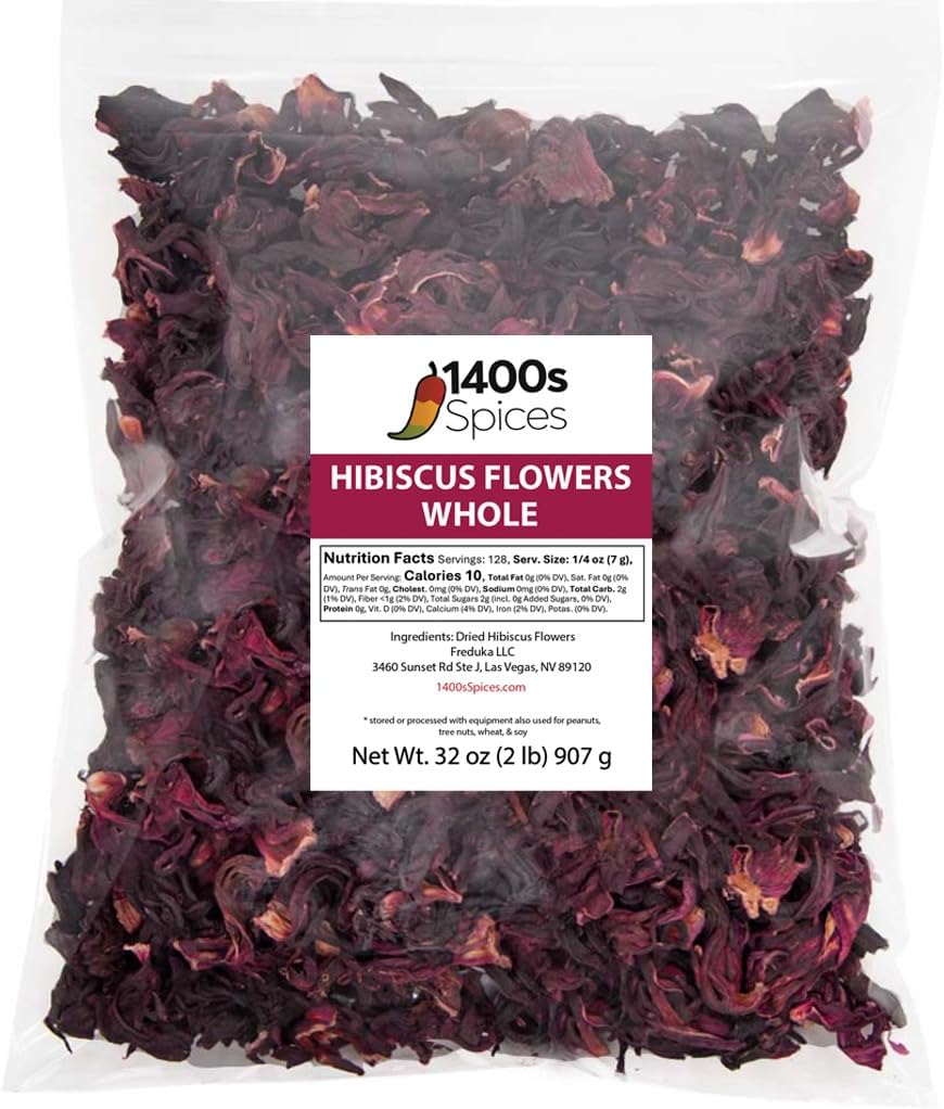 2lb Dried Hibiscus Flowers Bulk perfect for Tea and Mexican Agua Fresca, Flor de Jamaica, Whole Flowers and Petals by 1400s Spices