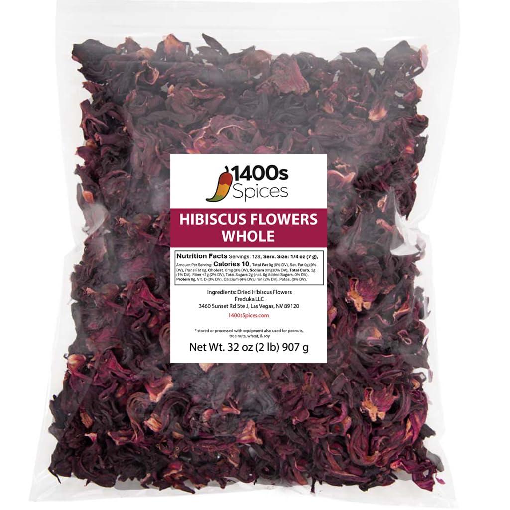 2lb Dried Hibiscus Flowers Bulk perfect for Tea and Mexican Agua Fresca, Flor de Jamaica, Zobo Sorrel Whole Flowers and Petals by 1400s Spices