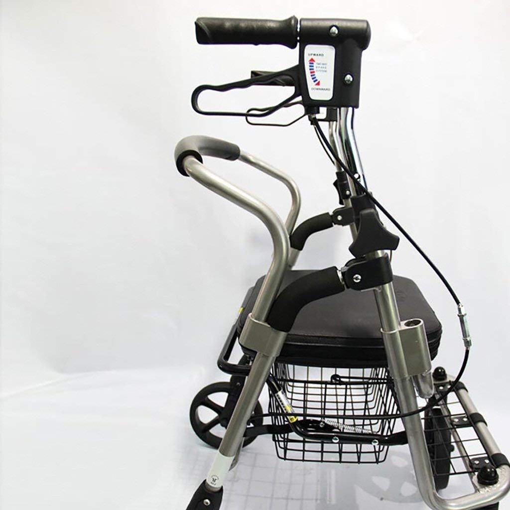 Andador para Ancianos,Práctico andador con ruedas de cuatro ruedas con asiento para personas mayores de aluminio compacto, plegable y ligero, incluye asiento y cesta de la compra