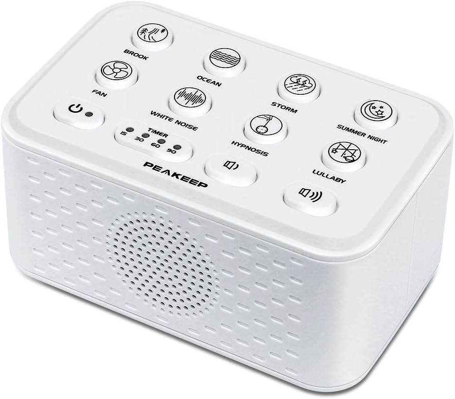 PEAKEEP Nature Sounds White Noise Sleep Sound Machine with USB Charging Port and Earphone Jack, Dual Power Supply with Electronic AC Adapter or Battery Operated
