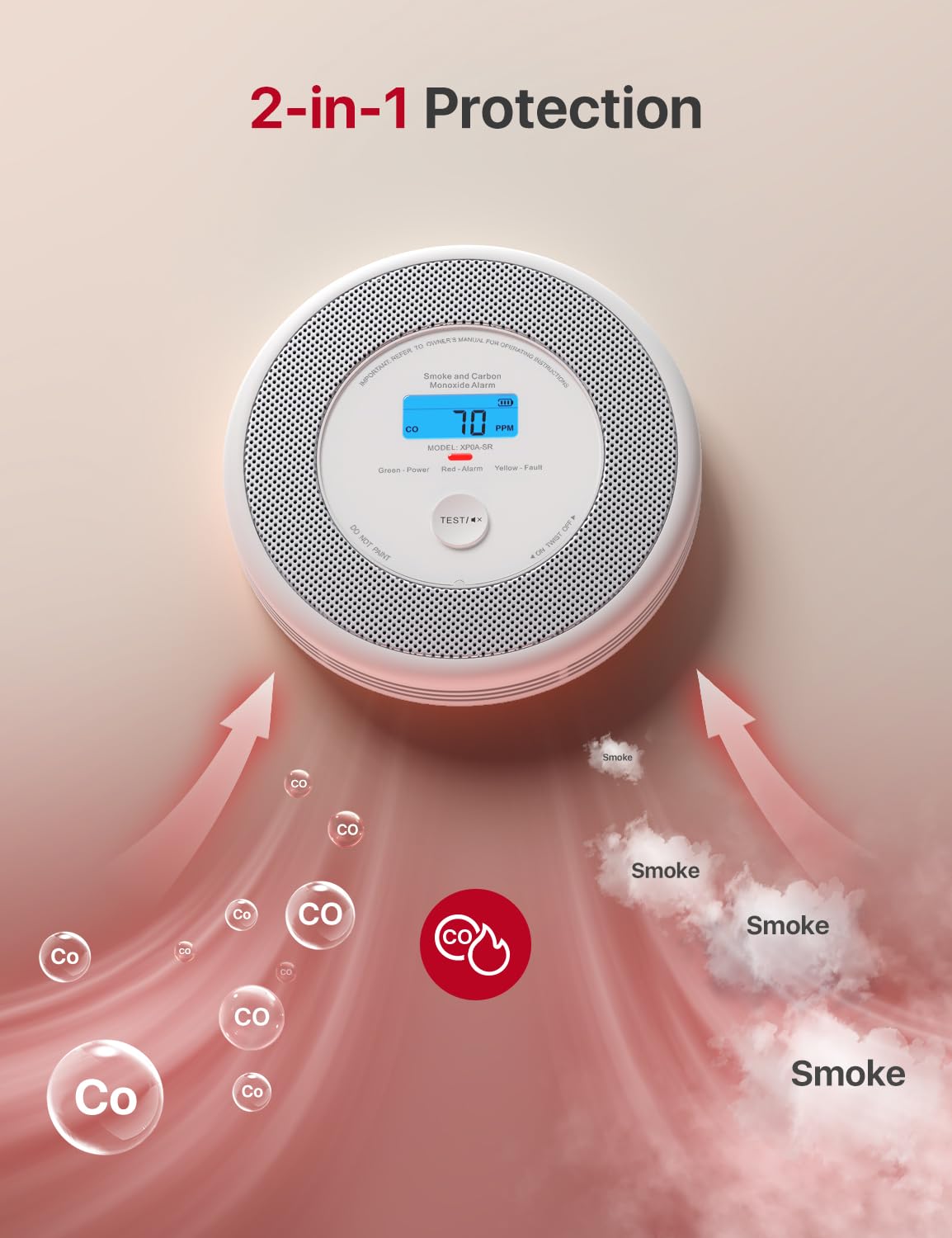 X-Sense Xp0A-SR Détecteur de fumée et de monoxyde de carbone pour sécurité incendie à la maison avec alertes vocales 30 mm Batterie remplaçable