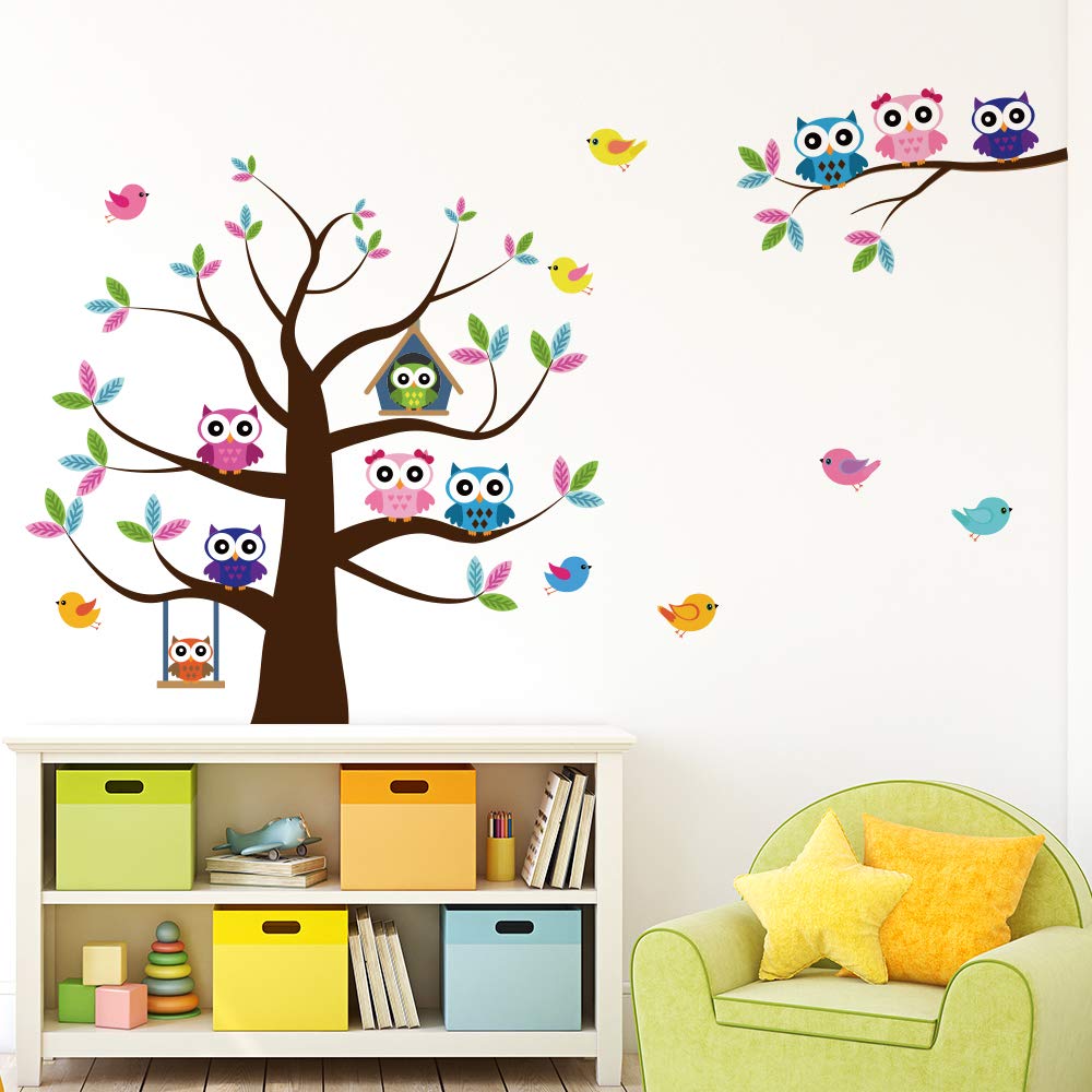 Alwayspon Kids/Girls Room Cute Tree and Colorful Owls Wall Sticker, Removable Watercolor Wall Decals, Peel and Stick Wall Art Murals for Home Nursery Decoration Living Room Decor