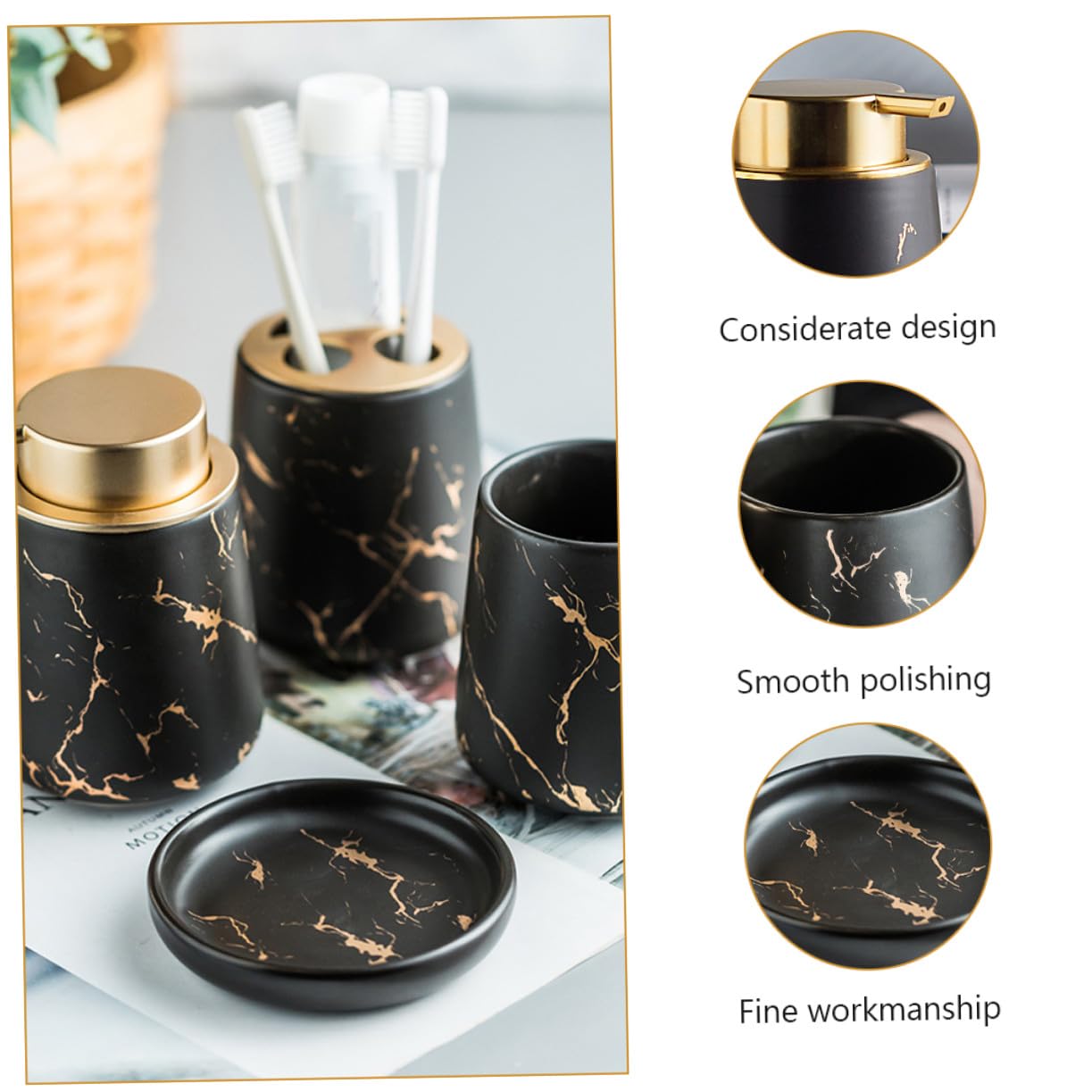 Cabilock Conjunto de Accesorios de Baño de Cerámica Negro Bandeja de Jabón y Vaso para Cepillo de Dientes Portátil y Fácil de Almacenar para Hombres y Mujeres