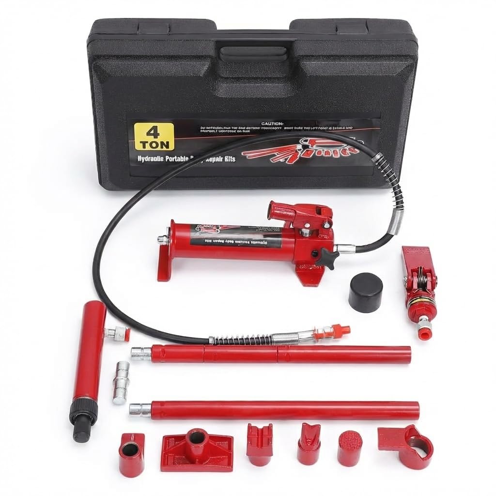 Juego de gato hidráulico Porta Power de 4 toneladas de GarveeTech – Herramienta de alineación de carrocería con manguera de aceite de 1,4 m y maletín de transporte – Juego de gato hidráulico para