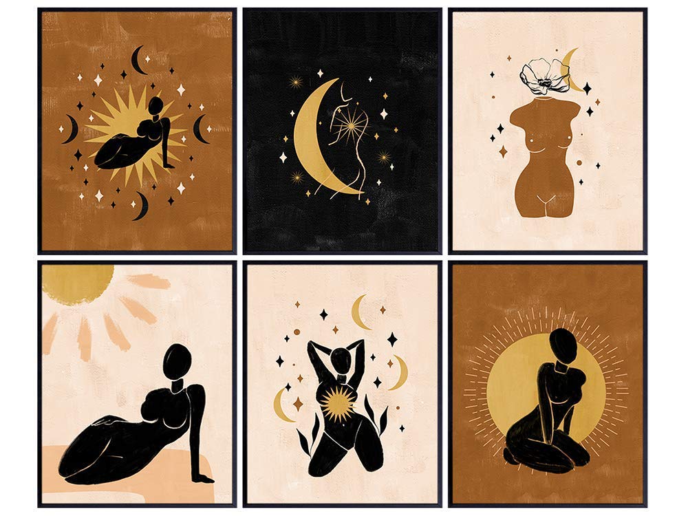 Minimalist Home Decor - Goddess Celestial Wall Art Set - Abstract Aesthetic Line Art for Bedroom, Living Room, Office - Matisse Style Modern Contemporary Black Women African American Poster Prints