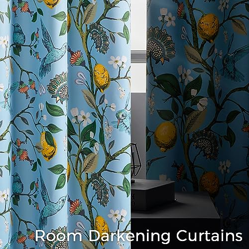 Image of Light Blue Rustic Pinch Pleated Curtains 96 Inches Long for Living Room Bedroom Blackout Vintage Art Deco Anthropologie Vintage Floral Lemon Hummingbird Drape 2 Panels