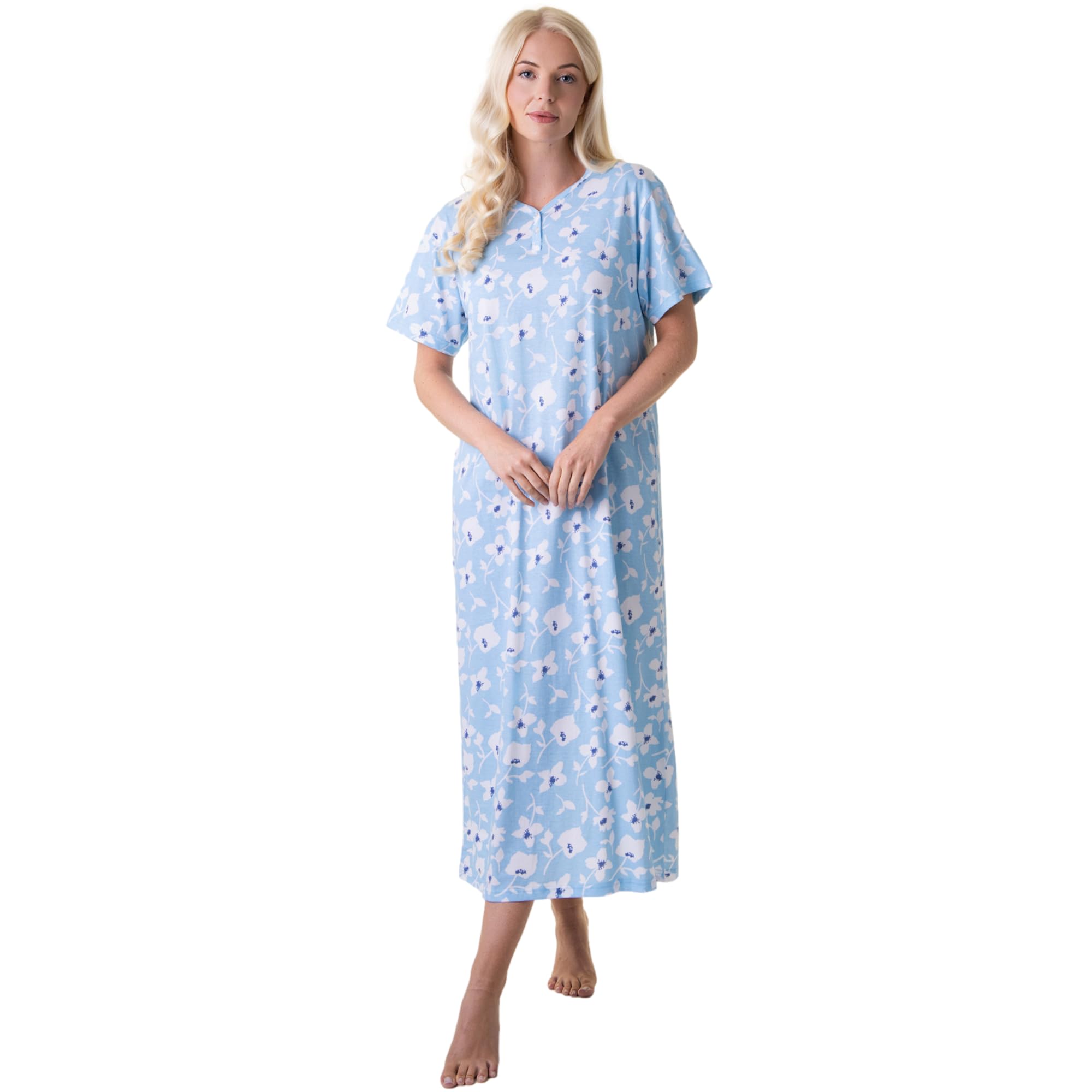 Camille Women's Lt Blue White 100% Organic Cotton Nighties – Full Length Floral Cotton Nightdress In Relaxed Fit Maxi Style With Short Sleeves - Light Blue White 14-16