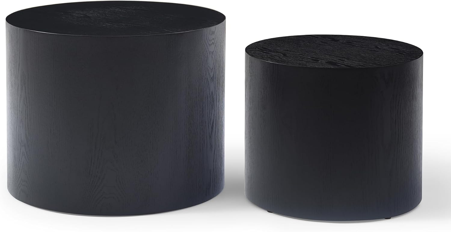 Round Nesting Coffee Table Set of 2, Modern Wood Drum Circle Side Table Small Minimalist Unique Tea End Table for Living Room, Apartment, No Assembly Required, 18.9" &14.9", Black