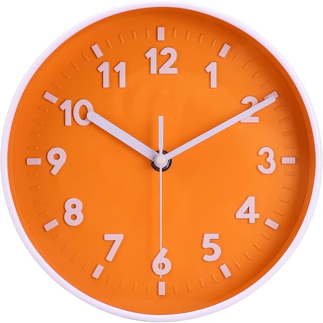 Topkey 8 Round Silent Wall clock Easy Read Big Numbers Kitchen Modern Non-ticking Decorative Wall Clock for Bedroom Office school-Orange