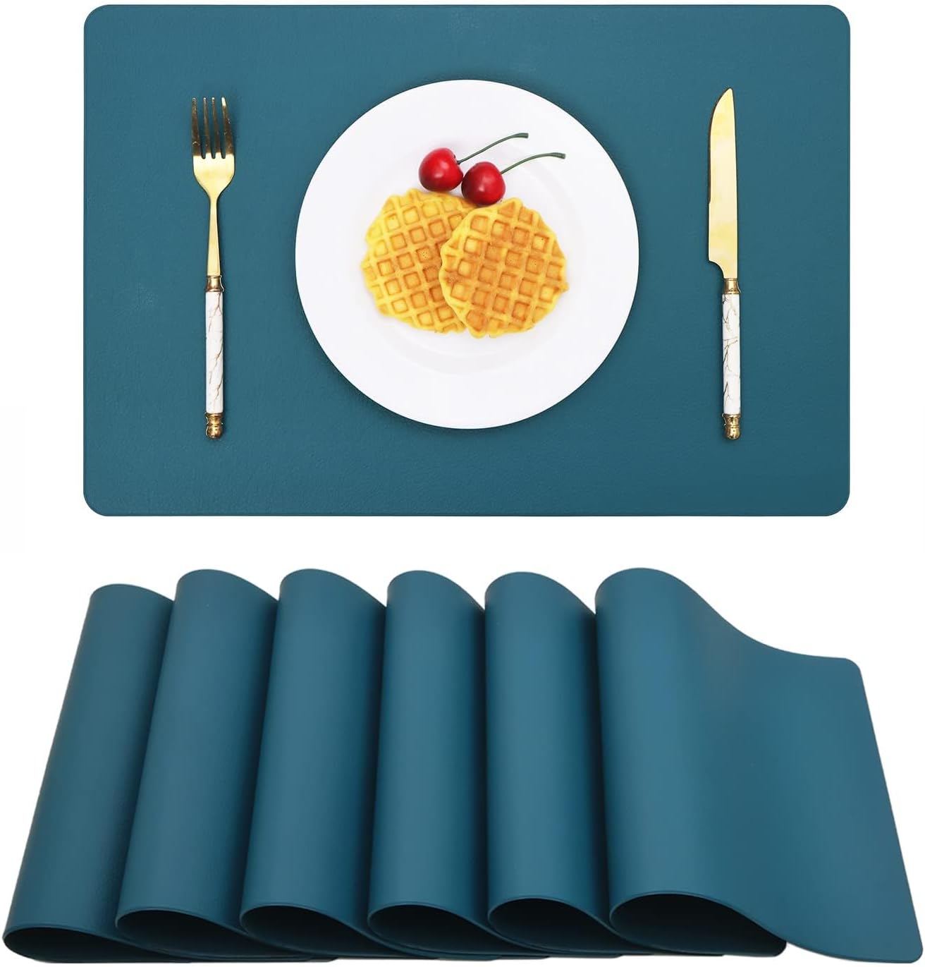 Vinjiasin Placemats Set of 6 Teal Blue Leather Place Mats for Indoor Outdoor Kitchen Dining Table Mats Waterproof Washable Heat Resistant Reversible Sturdy Easy to Clean