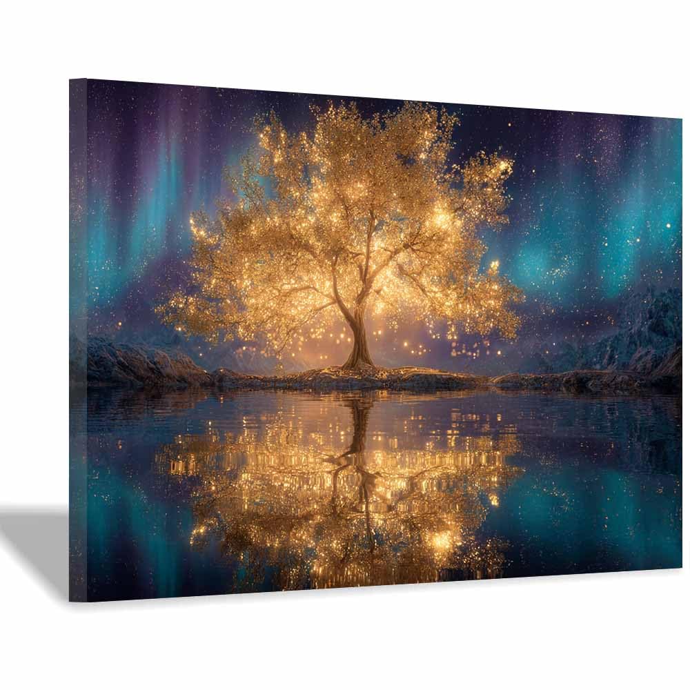 ZAMAEIU Tree of life wall decor Mirror-Reflected Tree On Canvas Prints Poster Pictures for Living Room Bedroom Home Office Wall Decoration(golden)-70x100cm Framed