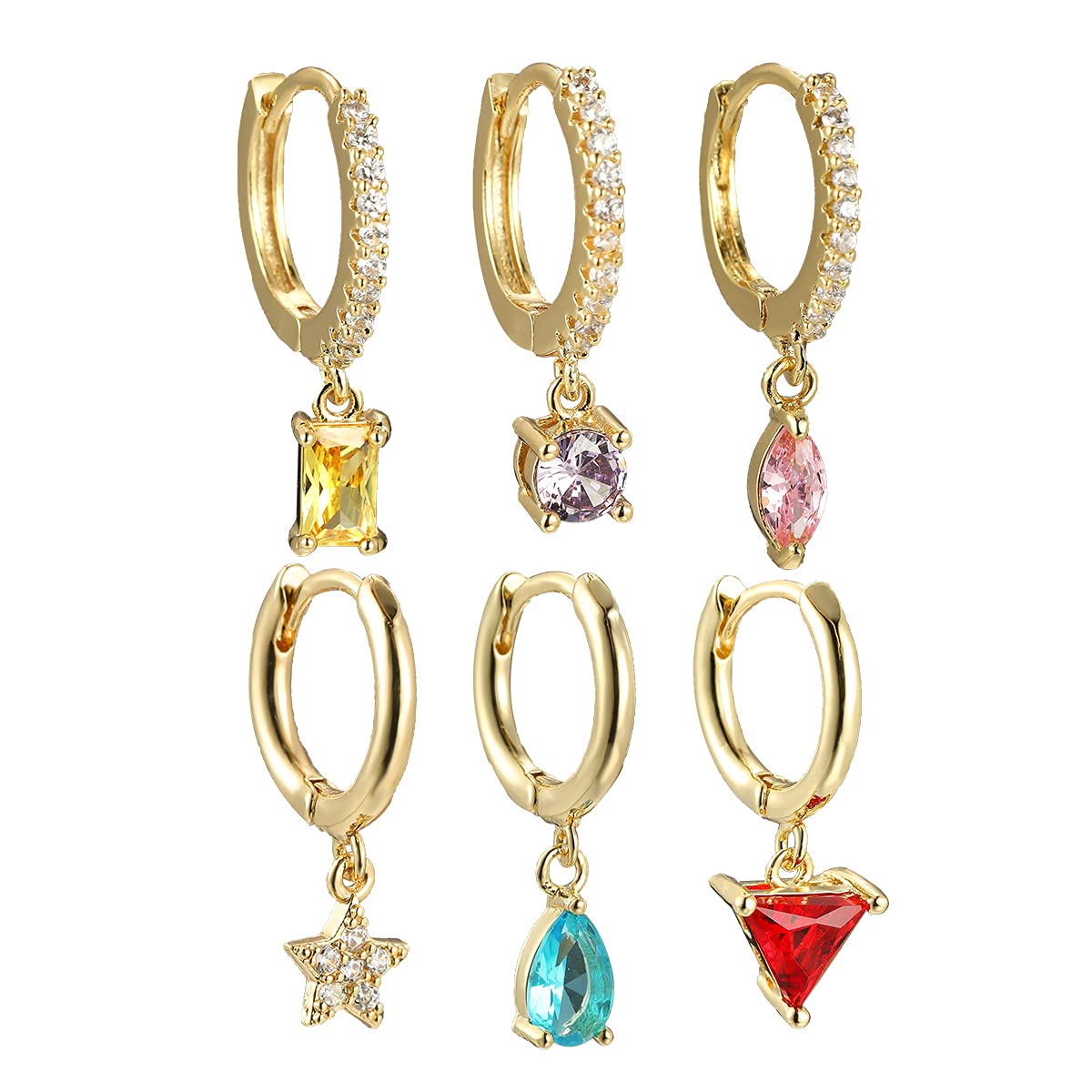 VanelSmall Hoop Earrings, Star Hoop Earrings with Charms, 18k Gold Plated Colorful Birthstone Huggie Hoop Dangle Earrings Set for Women Girls