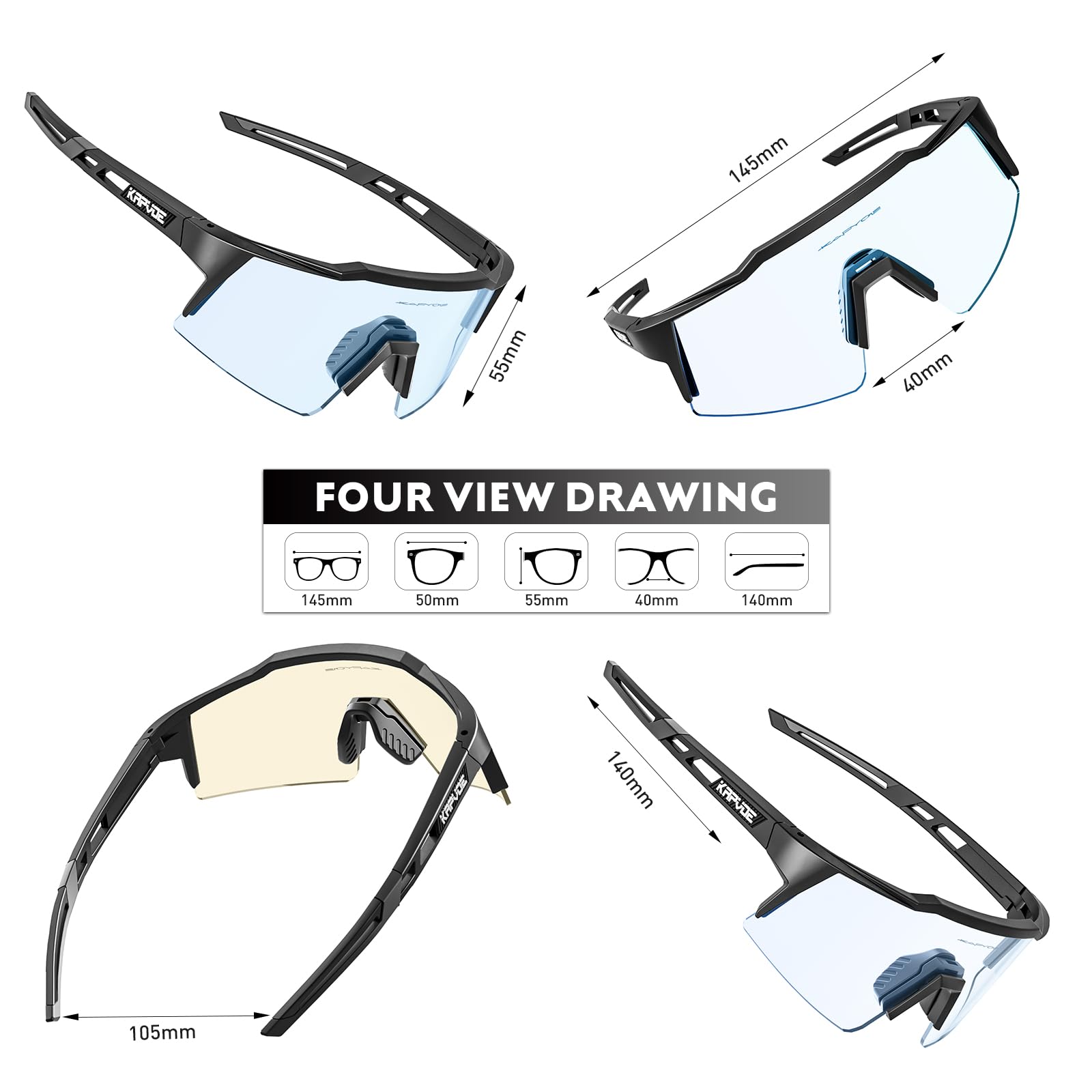 KAPVOE Photochromatische Selbsttönend Fahrradbrille TR90 Rahmen für Herren Damen Jungen Mädchen Klar Sportsonnenbrille K9023