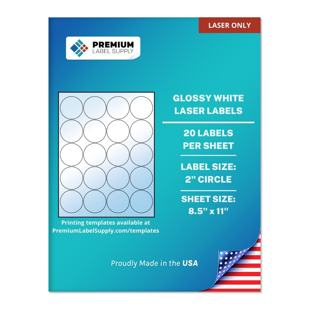 Premium Label Supply Glossy White Sticker Round Labels – 2" Circle – (20 per Sheet) (Glossy White for Laser Only, 2,000 Labels)