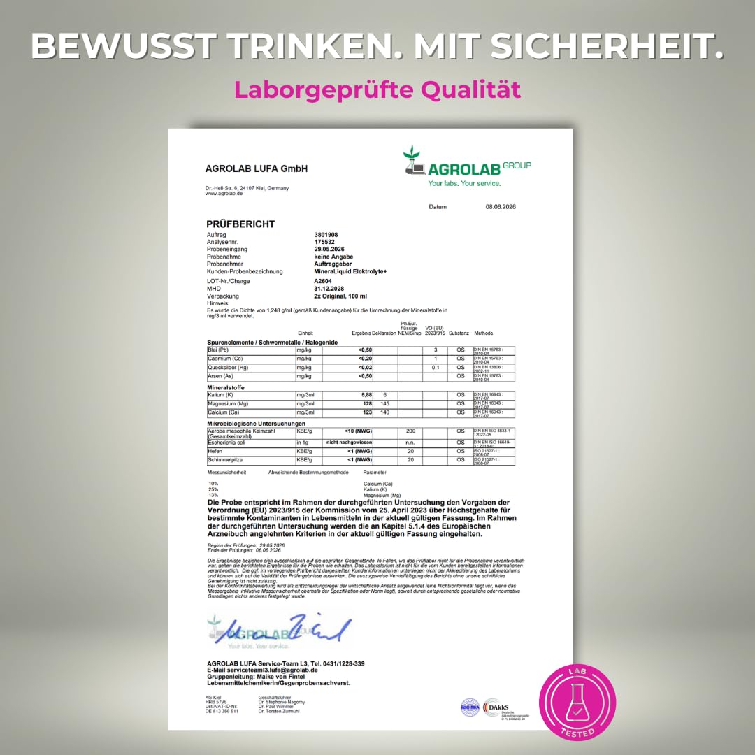 Elektrolyte+ - Mineralien für Wasser bei erhöhtem Bedarf - Magnesium, Calcium, Natrium, Kalium - 100ml Mineralkonzentrat ohne Zucker - Geschmacksneutral - Made in Germany