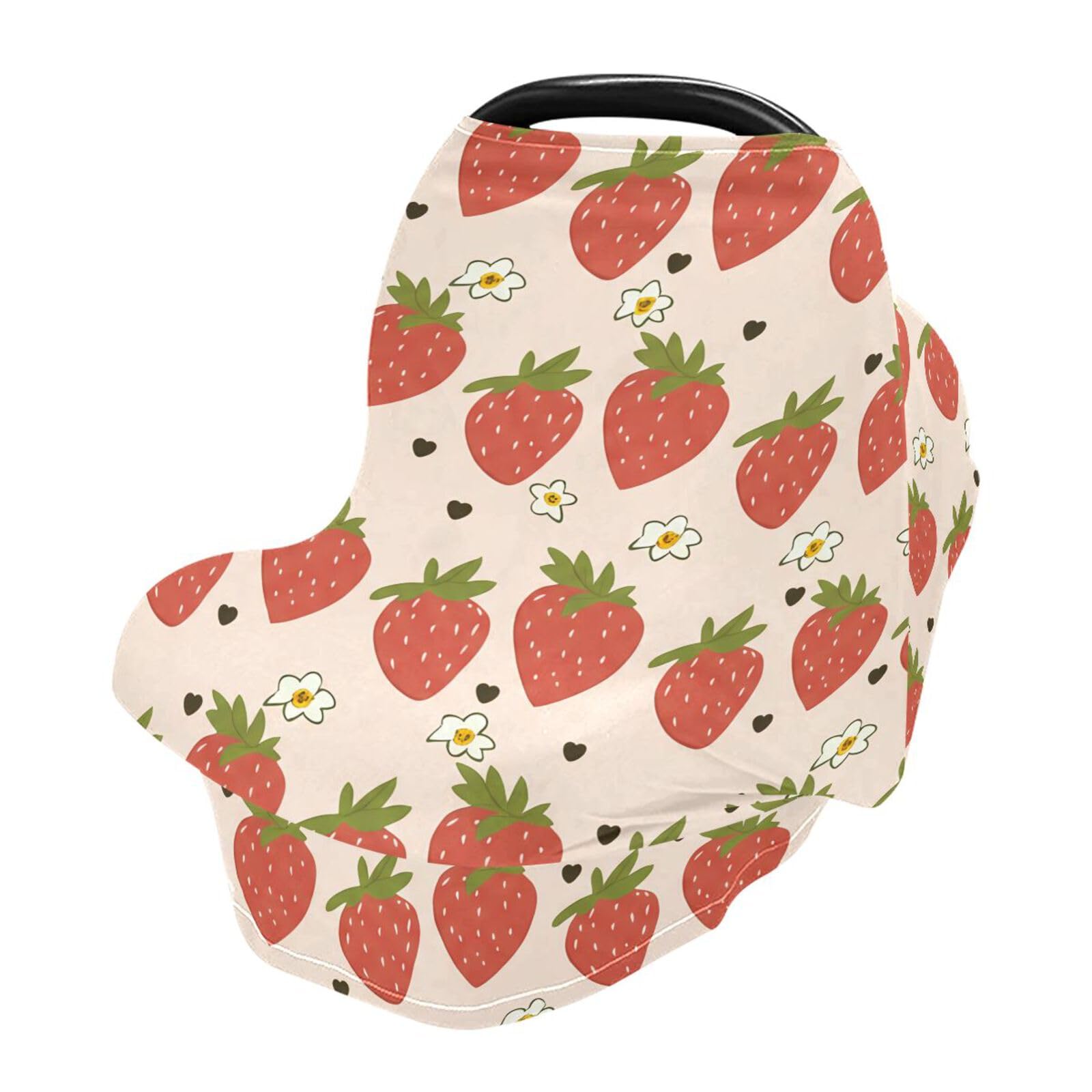 Nesatuwa Baby Car Seat Cover Strawberries Leaves Beige Breastfeeding Covers Stretchy Breathable Multi-Use Cover Carseat Canopy for Girls and Boys