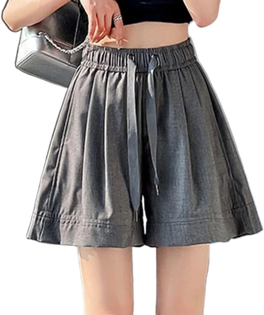 Casual Summer Ice Silk Women's Elastic Waist Drawstring High Waist Wide Leg Shorts