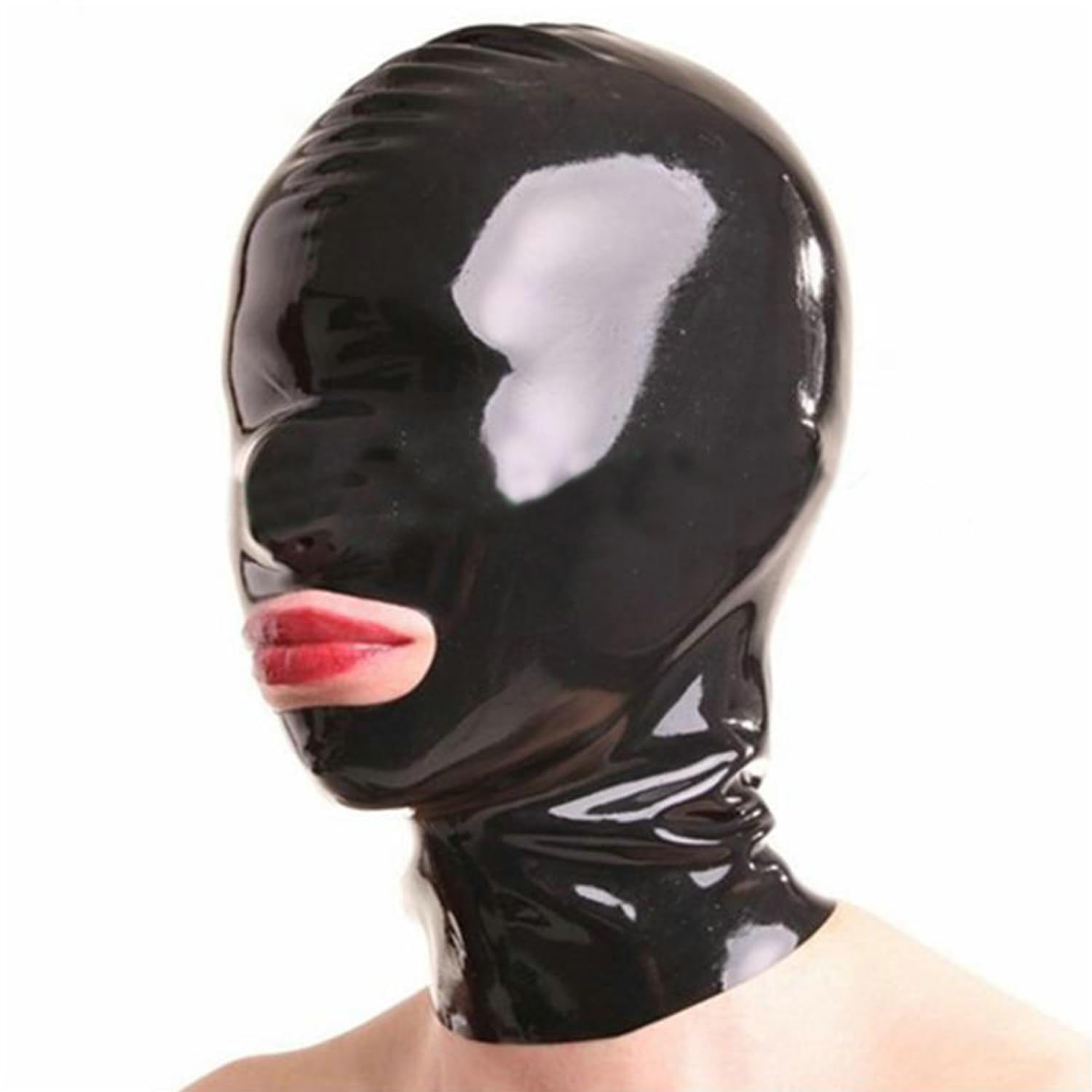 WXLPCGO Black Latex Hood Mask BDSM Rubber Head Mask Exposed Mouth Handmade Back Zipper Cosplay Club Wear Costume(Size:M-65CM)
