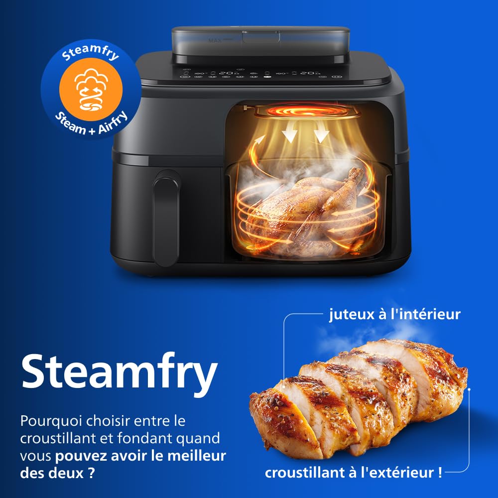 Philips Airfryer Série 5000 - Air Fryer double panier avec cuisson vapeur, 9L, RapidAir, 19 modes de cuisson, jusqu'à 90% de matières grasses en moins, AirSteam, nettoyage vapeur, HomeID (NA550/00)