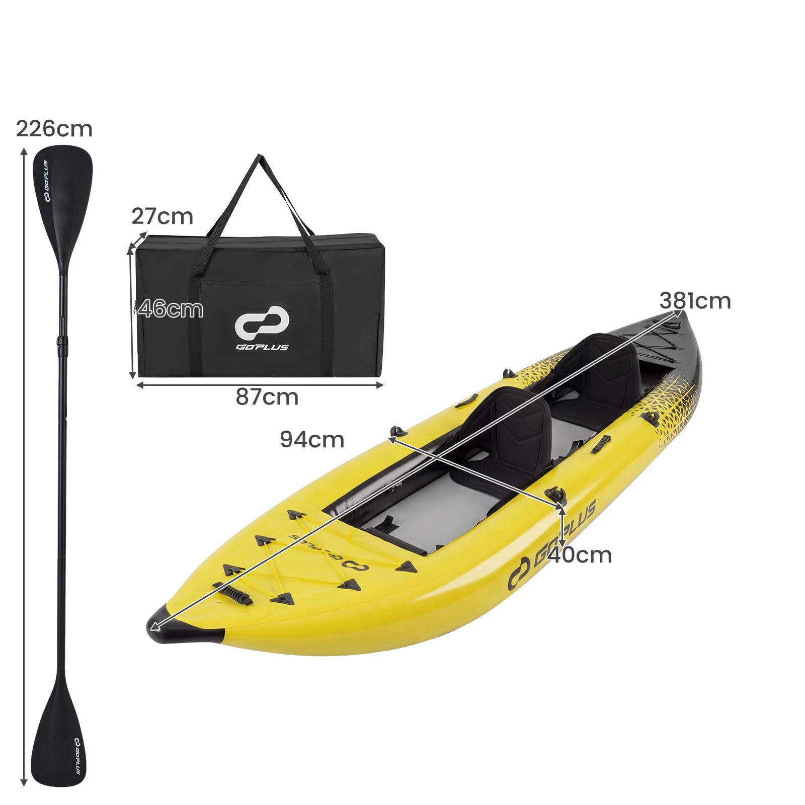 GOPLUS Kayak Inflable para 2 Personas – Portátil, Resistente y con Accesorios Completos – 381 cm, Soporta 230 kg