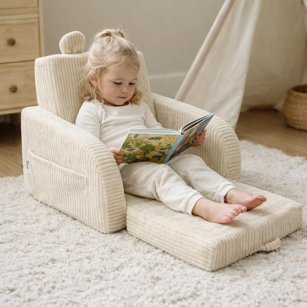 Flumi Fauteuil Enfant Mousse Convertible personnalisé 2 en 1 avec prénom, canapé Enfant dépliable pour Chambre bébé ou Enfant, Housse Amovible Lavable (Velours côtelé crème)