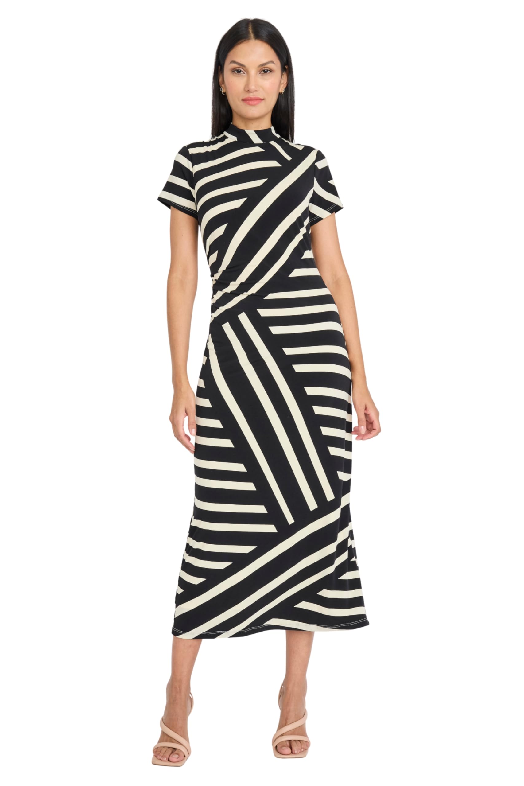 Donna Morgan Womens Mock Neck Short Sleeve Striped Midi Sheath Work Dresses for Professional Women