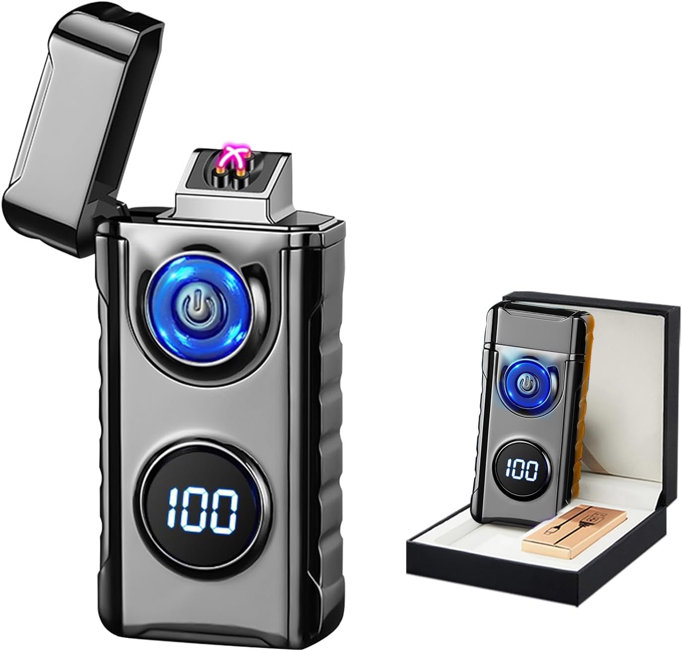 BABOBIU Electric Lighters Rechargeable Windproof Double Arc Lighter with LED Light Power Display Cool Lighters for Men USB Lighter for Candles Fireworks Outdoor Camping Gifts (Black)