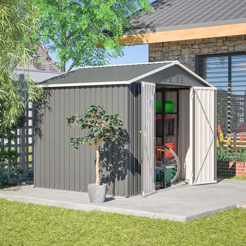 LANTRO JS Gerätehaus Metall 229.4x180x191cm, Geräteschuppen Metall Schuppen mit Klapptür, Gerätehäuser Blech für Werkzeugaufbewahrung, Grau
