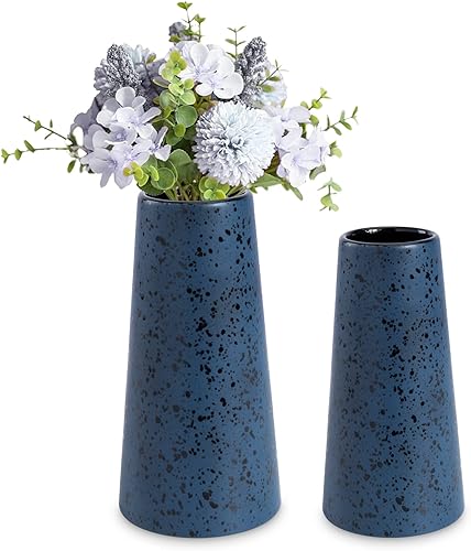 Bdor Jarrón de cerámica, juego de 2, jarrón azul para decoración de habitación, detalles modernos de decoración del hogar de granja, decoración de