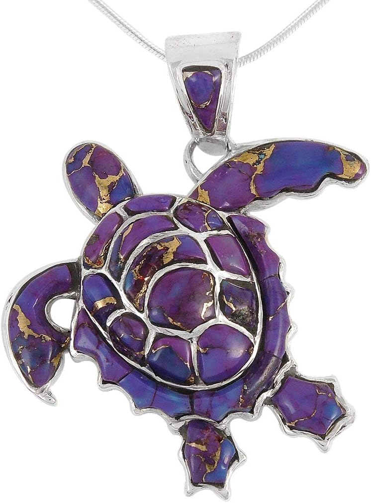 Turquoise Network Turtle Pendant Necklace in Sterling Silver 925 & Genuine Gemstones