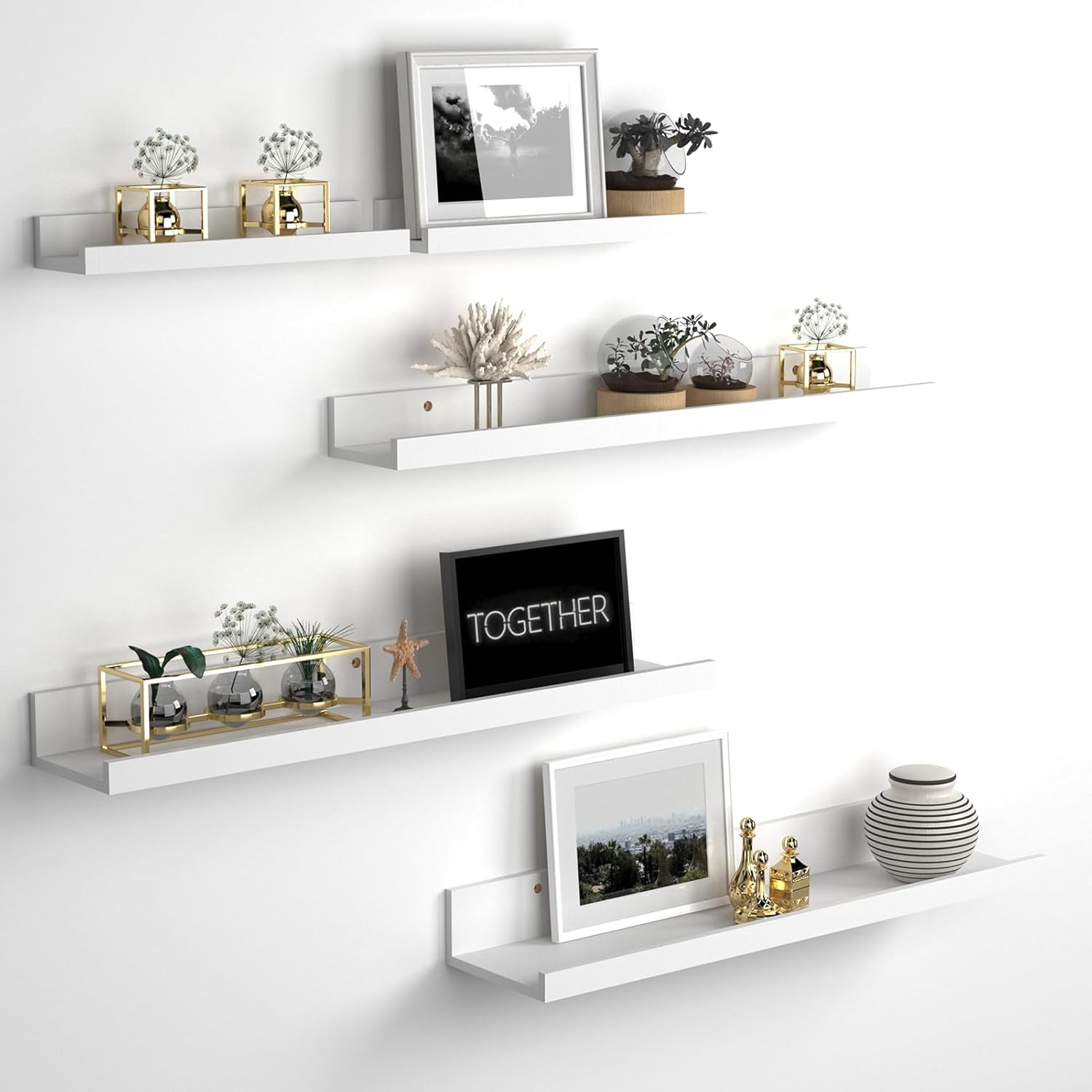 Giftgarden 24 Inch Wall Mounted Floating Shelves Set of 5, White Wood Wall Shelves for Bathroom, Bedroom, Kitchen, Living Room Storage and Decoration, Wooden Picture Ledge White 24"