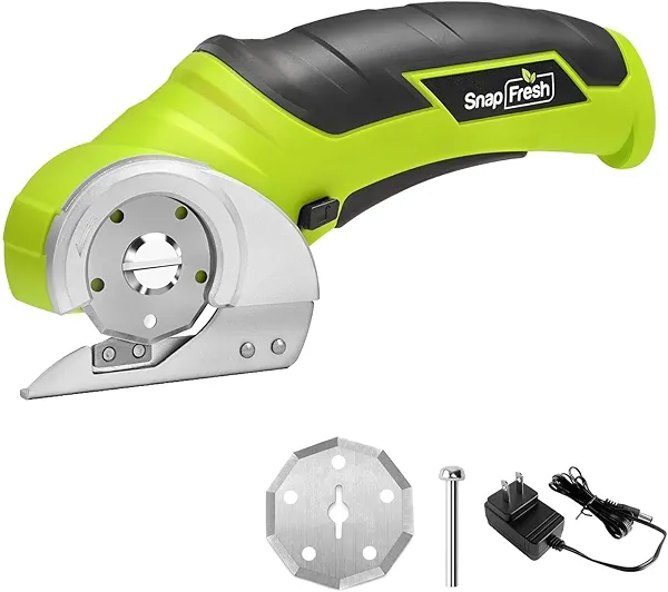 SnapFresh Cordless Electric Scissors, 4V Electric Mini Box Cutter, Carpet & Cardboard Cutter Tool with a Replacement Blade/Charger, Rotary Cutter for Cardboard Packages Leather Plastic （Green）