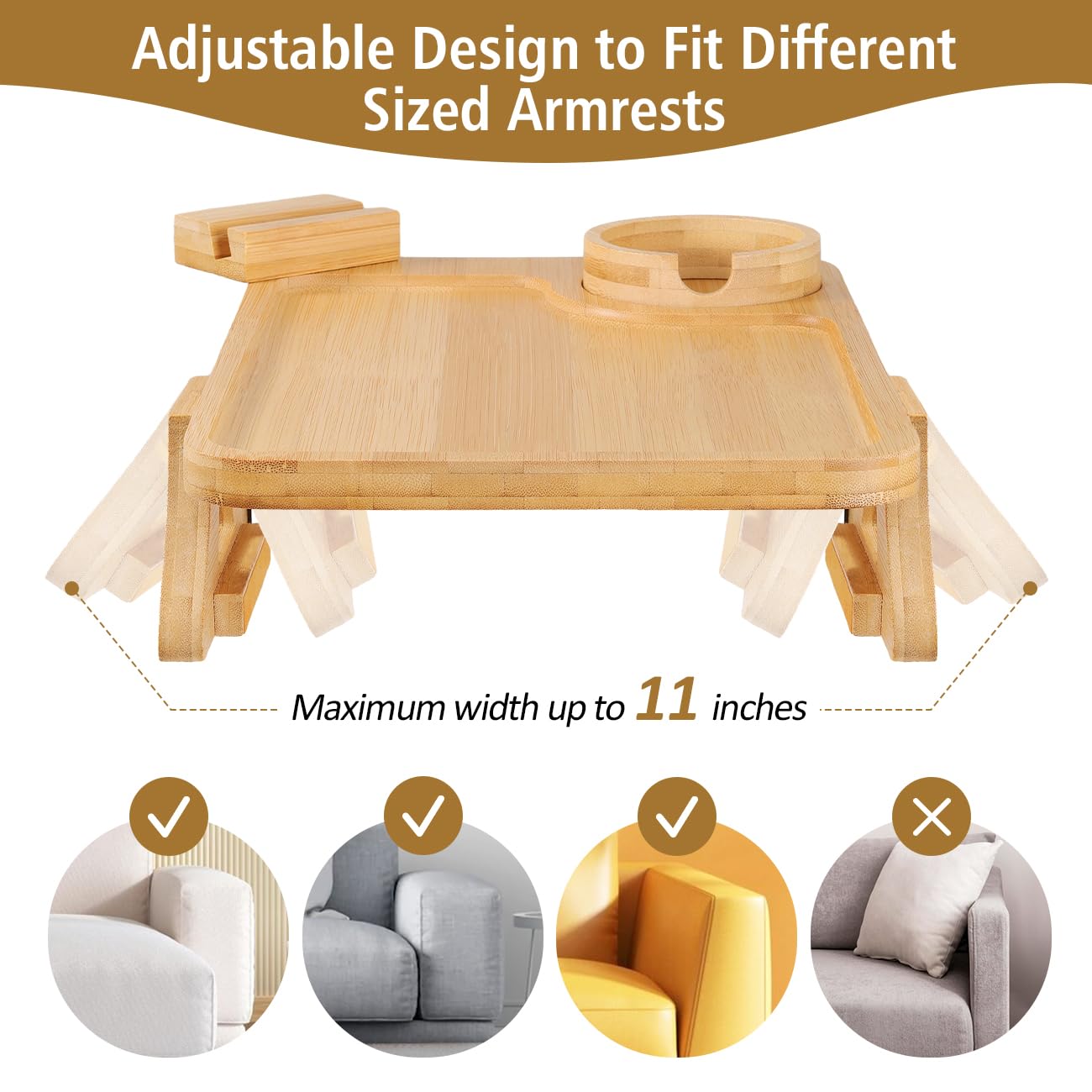 Plateau pour Accoudoir de Canapé, Table Bras de Canapé Rotation 360° avec Porte téléphone et Tasse, Accoudoir de Canapé pour Accès Facile, Porte-Tasse de Canapé pour Snacks, Téléphone, Contrôle