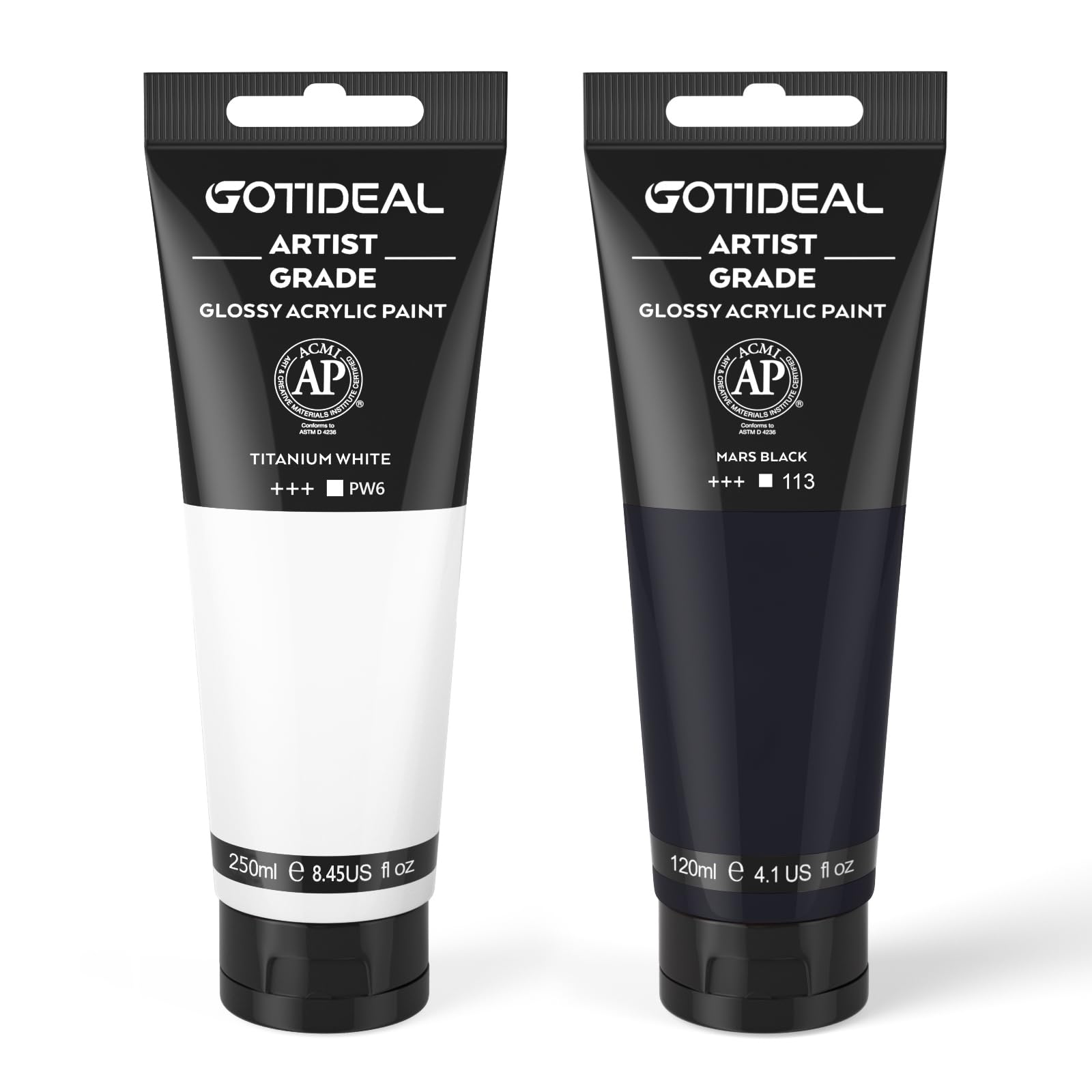 GOTIDEALAcrylic Paint Titanium White and Mars Black Tubes (120ml, 4.1 oz) Glossy