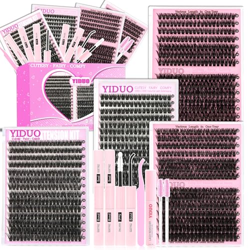 YIDUO 4 Styles Lash Clusters Kit 60D+80D+100D+150D Volume Clusters Lashes Extensions Kit with 2 Bond and Seal 10-18mm Wispy D Curly Full DIY Individual Eyelash Extensions Kit DIY at Home Easily