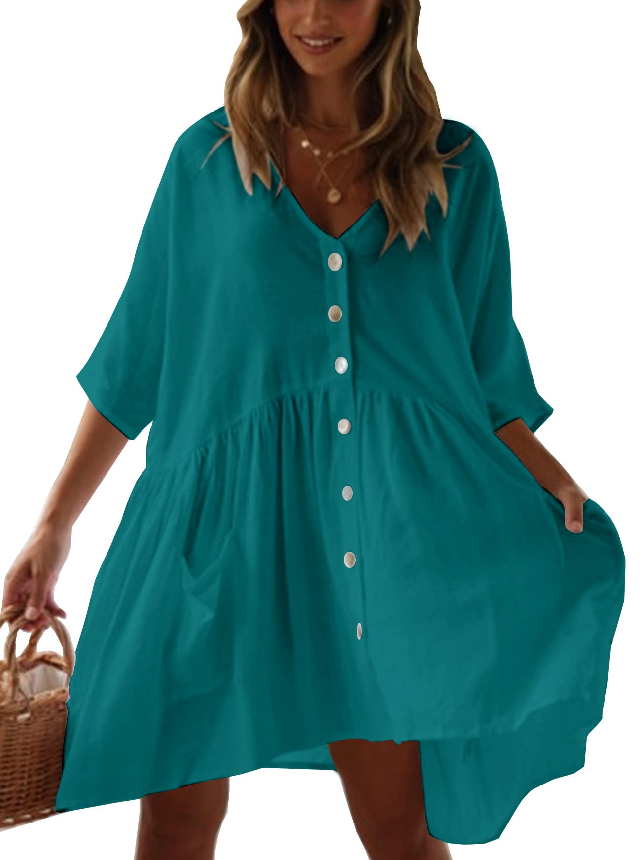 HYUET Mujer Vestido Corto de Playa Mujer Algodón Pareos y Camisola de Playa Sexy Verano Túnica Ropa Traje de Baño Bikini Cover Up Color Sólido Blusa Tops Talla Grande Elegante con Boton