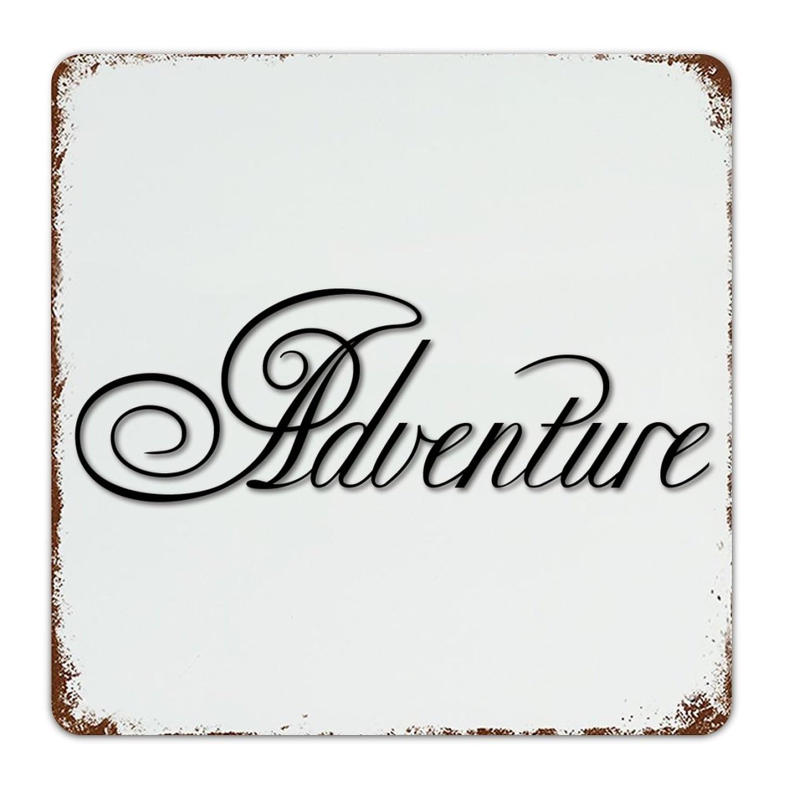 Targa in metallo con scritta Adventure, 30,5 x 30,5 cm, personalizzata, decorazione da parete per casa, ufficio, ingresso, garage, lettere in corsivo, lettere nere per dormitorio