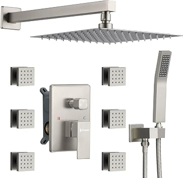 DASAN Full Body Shower System with 6 PCS Body Spray Jets & 12 Rain Overhead Shower & Handheld, In-Wall Rain Shower System Brushed Nickel Shower Faucets Sets Complete with Valve, SA-SS03ABN-S12W