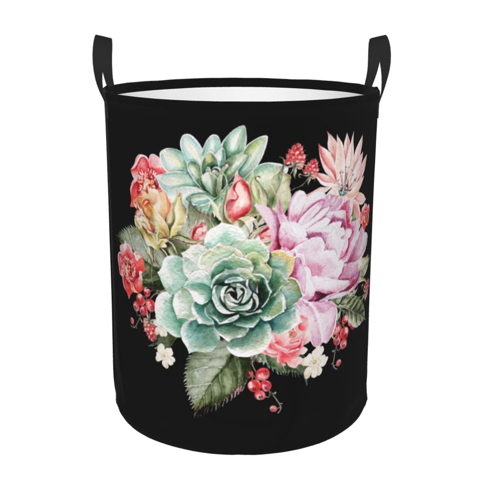 Laundry Basket Peony and Succulents Laundry Hamper Waterproof Idea Hampers Large Collapsible Baskets with Handle Suitable for Bedroom Bathroom Utility Room Kitchen