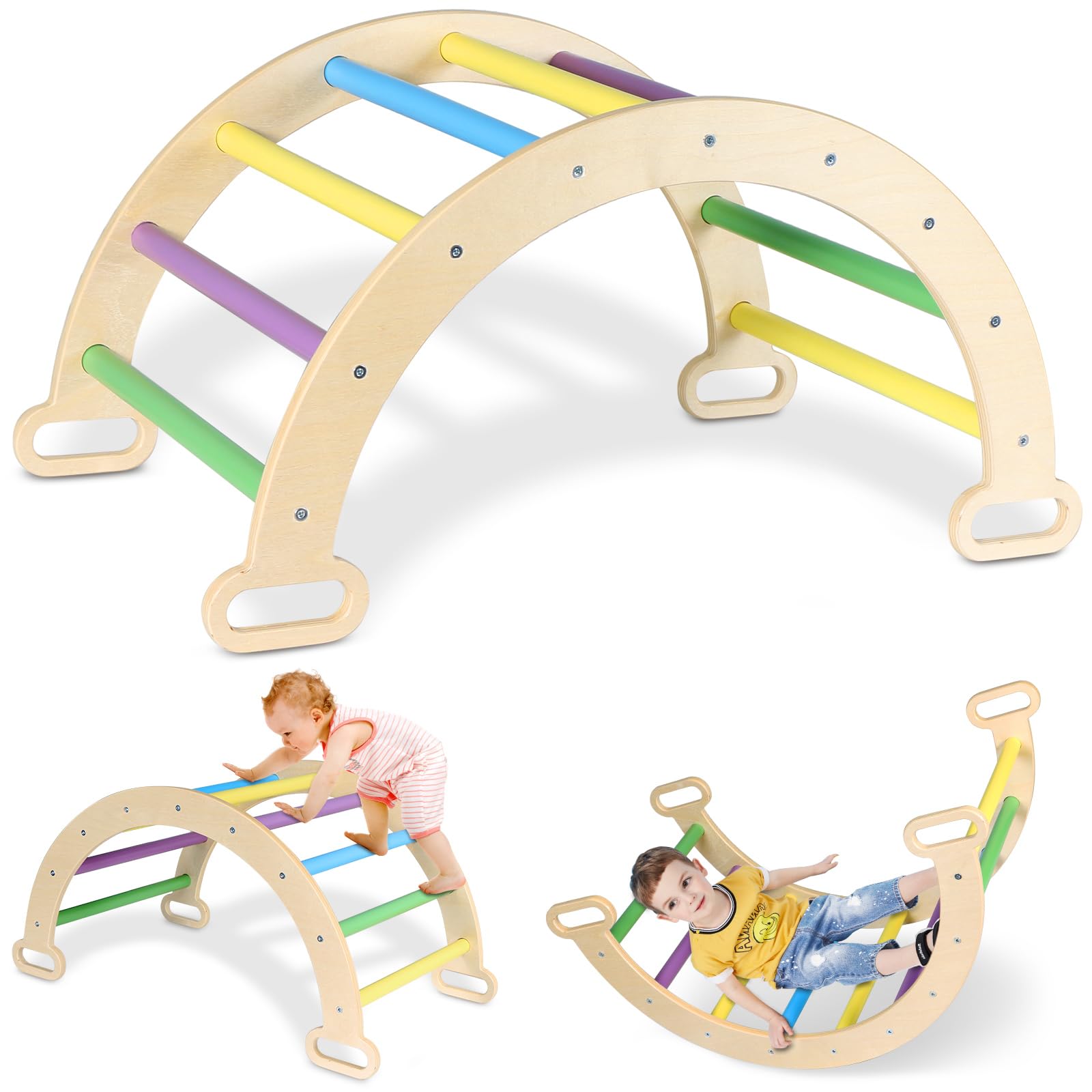 Climber Arch Rocker, 3-in-1 Montessori Wooden Climbing Arch Ladder, Wooden Climbing Toys for Toddlers 3-6 Waldorf Children Indoor Outdoor Gym Learning Playset for Kids Boys Girls