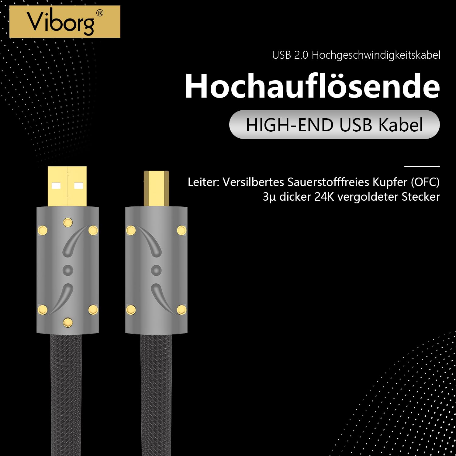 Viborg HiFi - Cavo USB 1,2 m, USB 2.0 tipo A a B, OFC placcato in argento (rame senza ossigeno), cavo audio HiFi per dispositivi DAC HIFI, cavo audio USB di fascia alta
