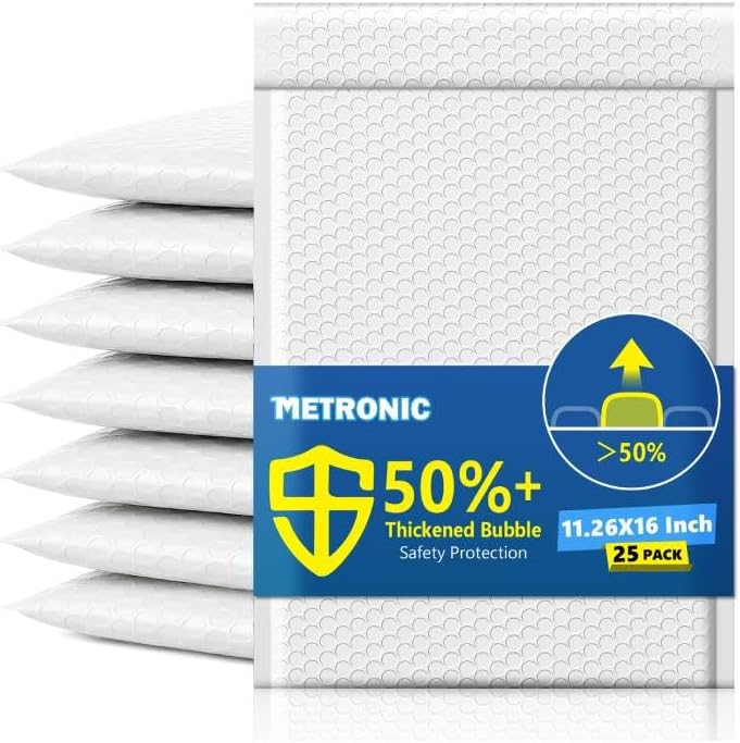 Metronic Bubble Mailers 11.26x16", Usable Size 10.5x15", 25 Pack, White Padded Envelopes, 50% Thicker 1/7" Bubble, Self Seal Waterproof Mailing Envelopes for Books,Clothes& Small Business,#5