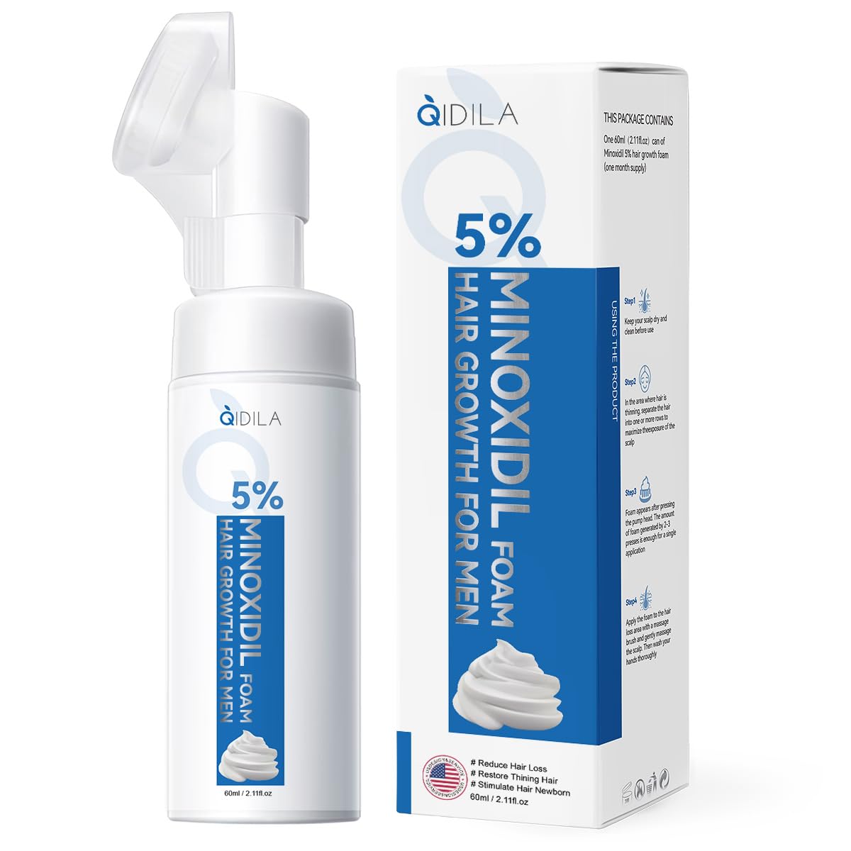 QIDILA 5% Minoxidil Foam for Men Hair and Beard Regrowth, Dermatologist-Recommended Lightweight Topical Solution, Thicker Fuller Hair Growth Treatment (60ml/2.11fl.oz)