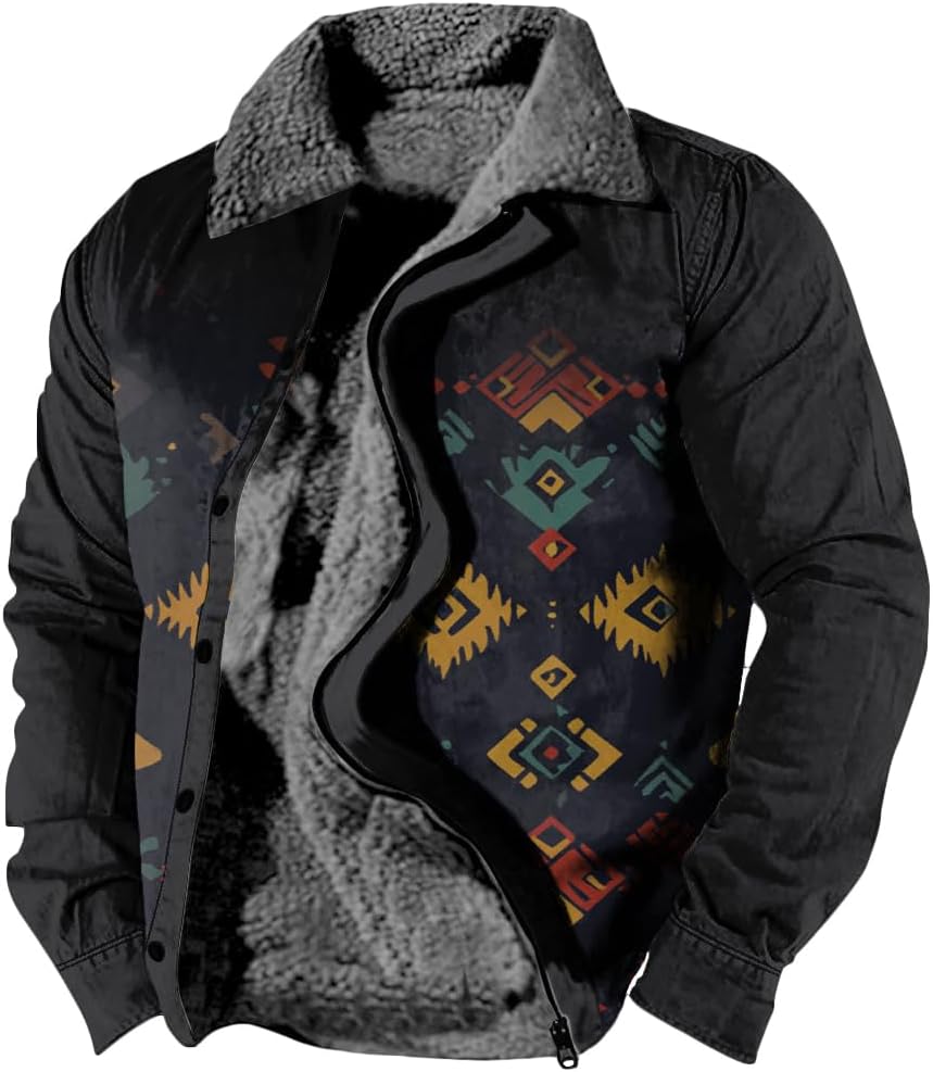 BIVENANT Men's Western Aztec Jackets Vintage Print Cowboy Country Warm Sherpa Jacket for Men Fleece Zipper Winter Coats