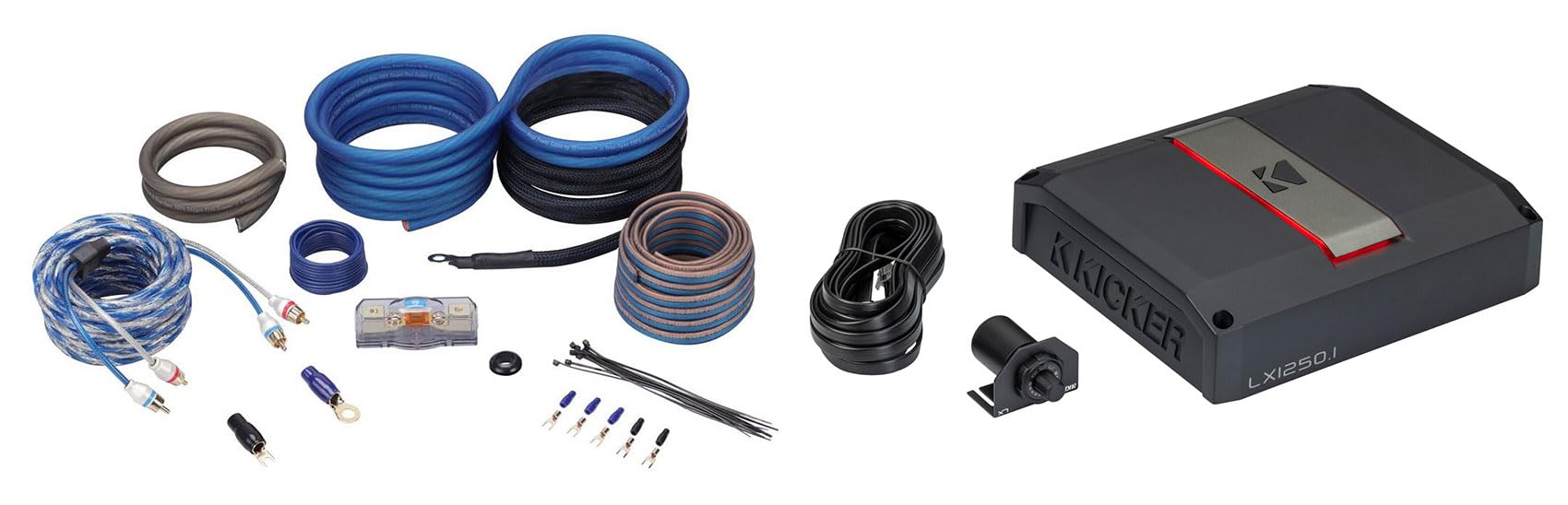 Audiosavings Bundle: Kicker 51LX12501 1250W Mono Car Amplifier with Smart Bass Class-D Sub Amp Bundle with Rockville RWK4CU 4 AWG 100% Copper Complete Amp Installation Wire Kit (OFC) (2 Items)